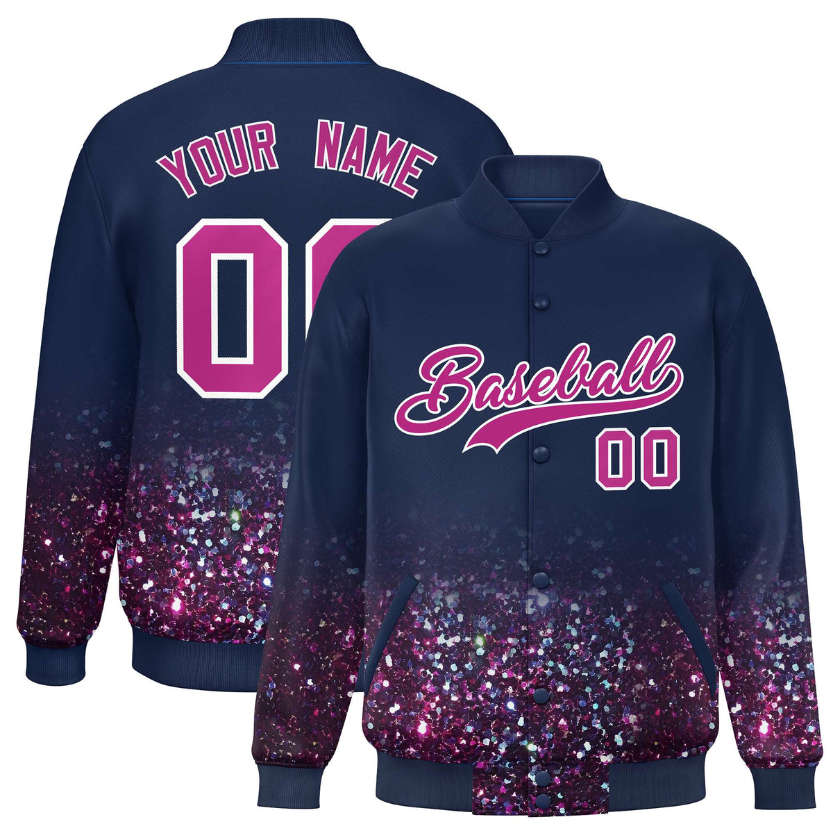 Custom Navy Varsity Full-Snap Sparkle-Effect Pattern Letterman Baseball Jacket