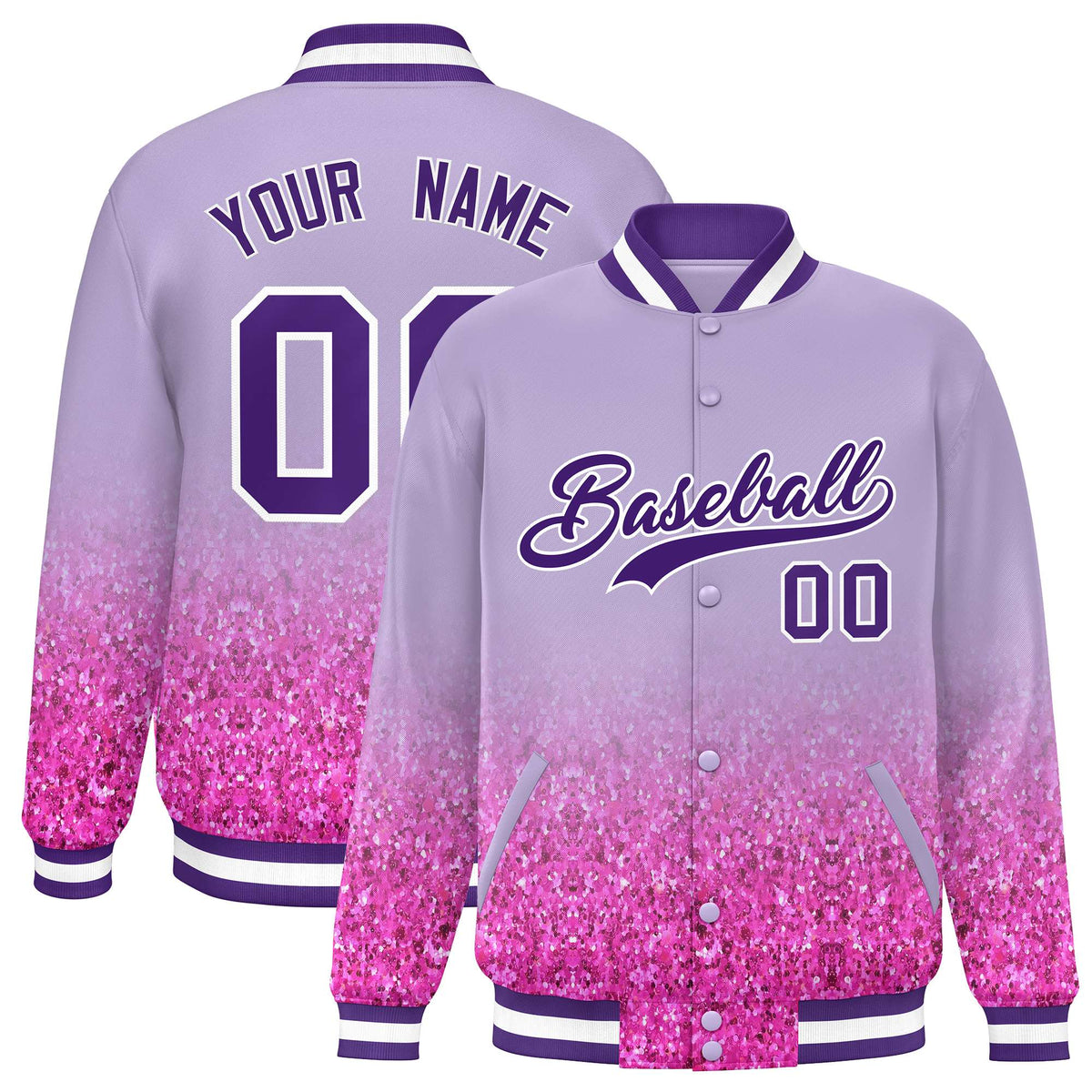 Custom Light Purple Varsity Full-Snap Sparkle-Effect Pattern Letterman Baseball Jacket