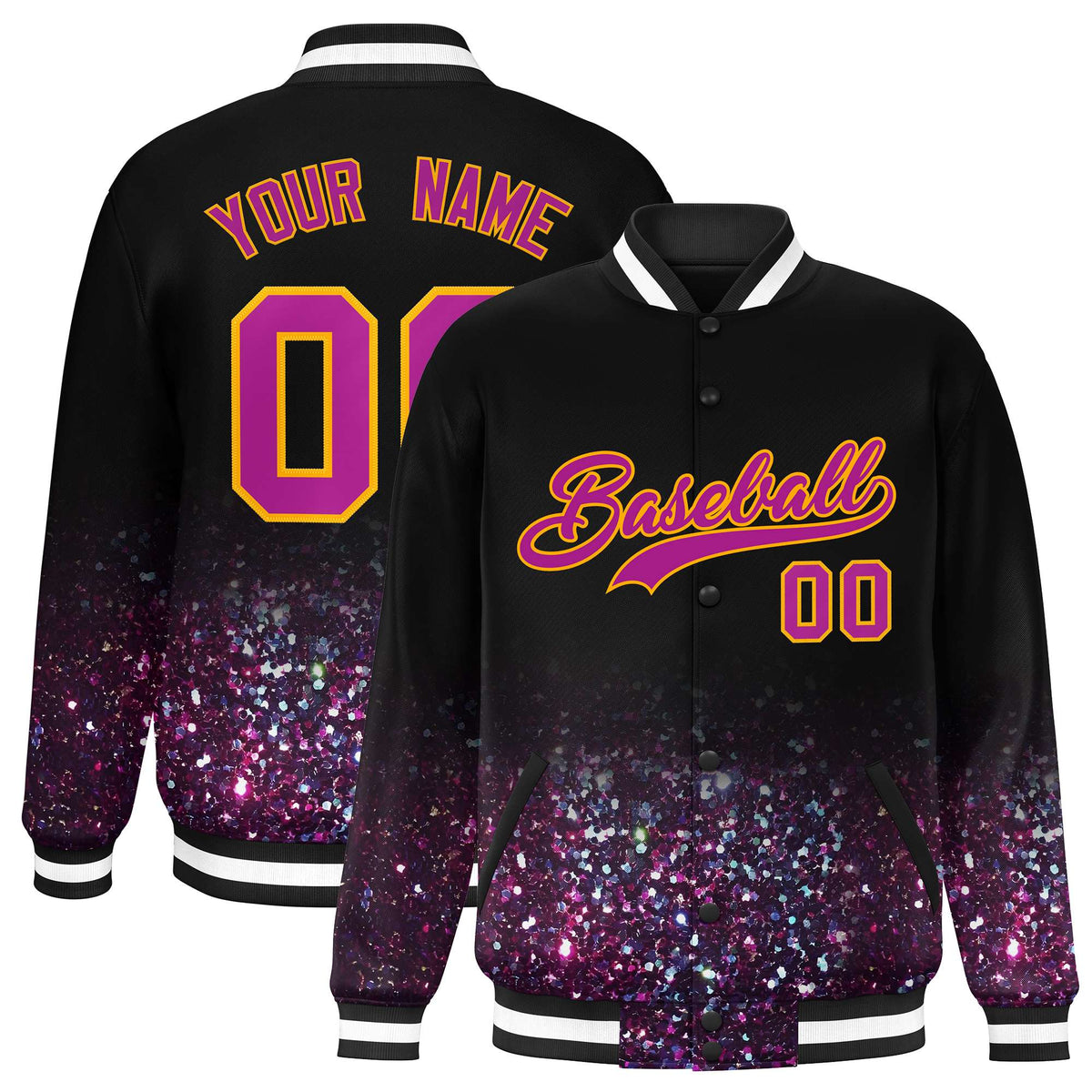 Custom Black Varsity Full-Snap Sparkle-Effect Pattern Letterman Baseball Jacket