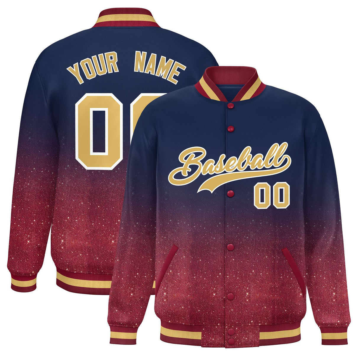Custom Navy Varsity Full-Snap Sparkle-Effect Pattern Letterman Baseball Jacket