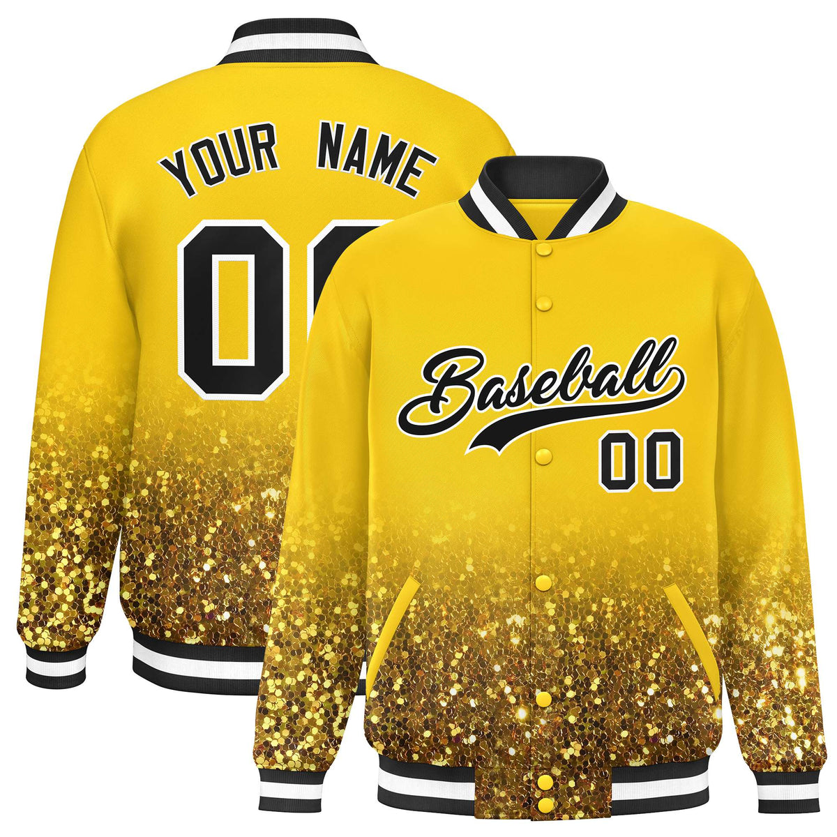 Custom Gold Varsity Full-Snap Sparkle-Effect Pattern Letterman Baseball Jacket