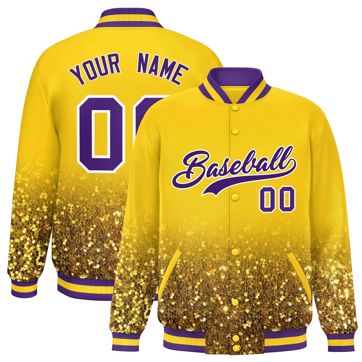 Custom Gold Varsity Full-Snap Sparkle-Effect Pattern Letterman Baseball Jacket