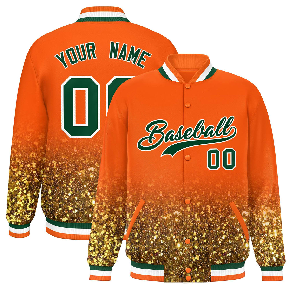 Custom Orange Varsity Full-Snap Sparkle-Effect Pattern Letterman Baseball Jacket
