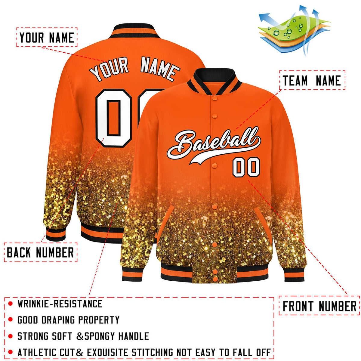 Custom Orange Varsity Full-Snap Sparkle-Effect Pattern Letterman Baseball Jacket
