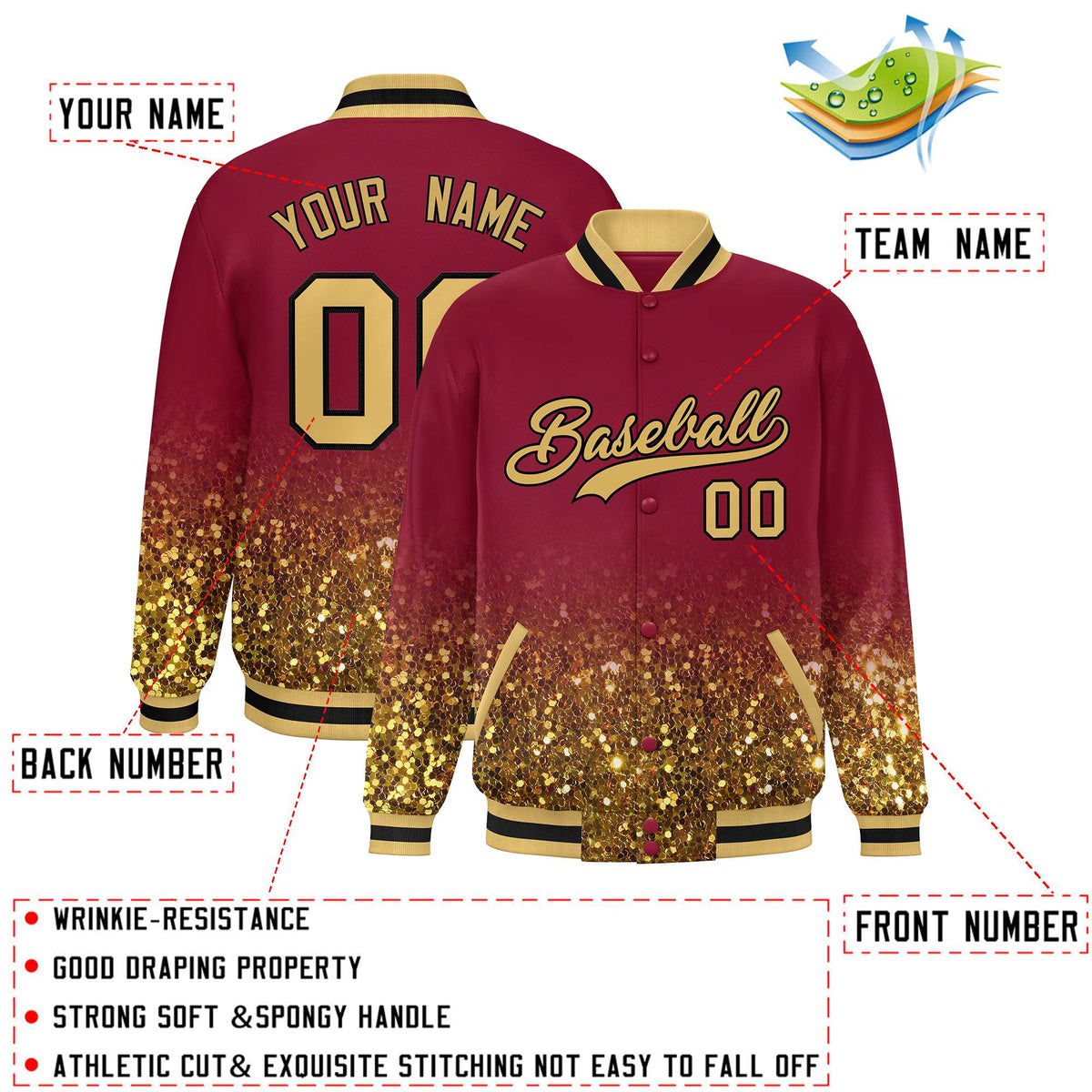 Custom Crimson Varsity Full-Snap Sparkle-Effect Pattern Letterman Baseball Jacket