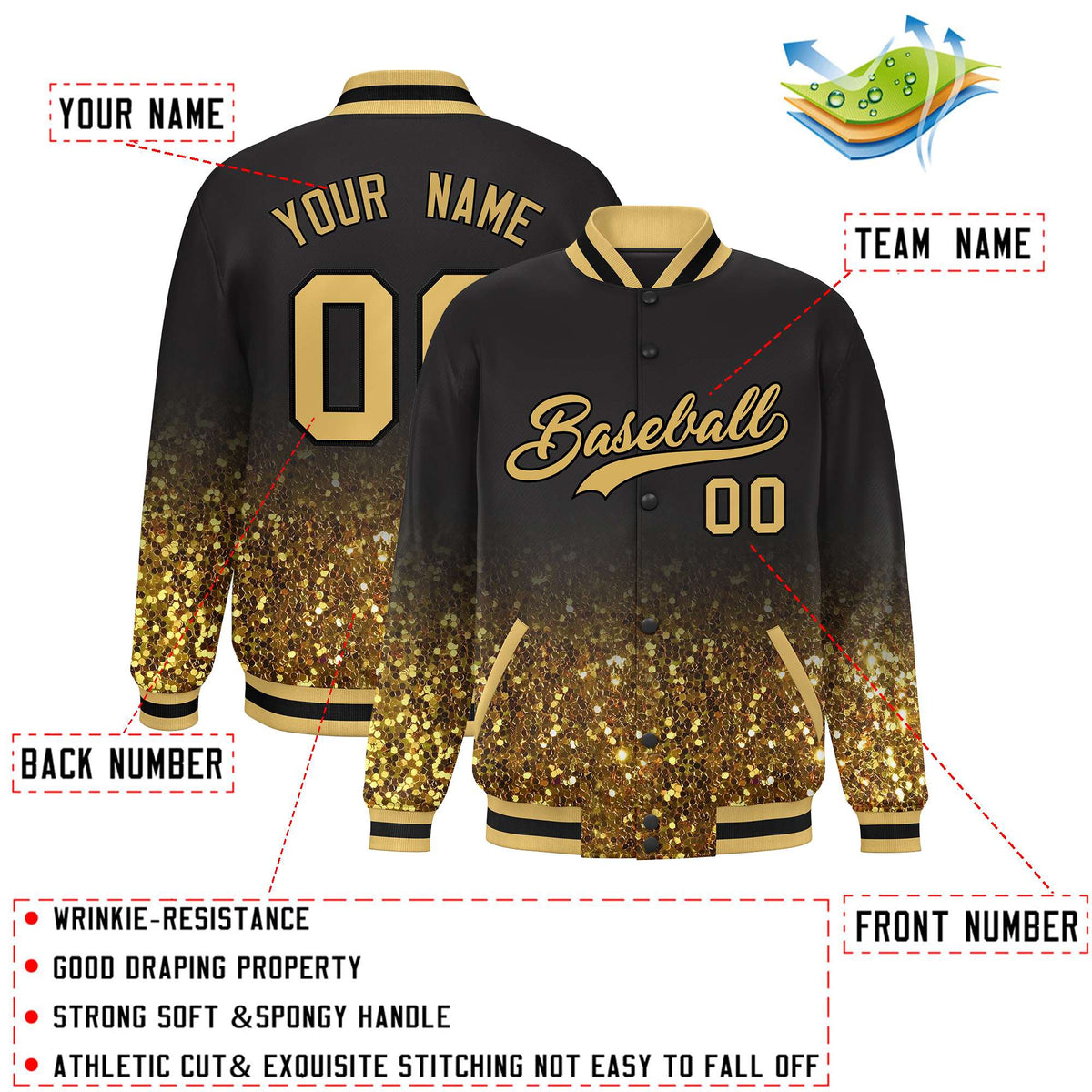 Custom Brown Varsity Full-Snap Sparkle-Effect Pattern Letterman Baseball Jacket