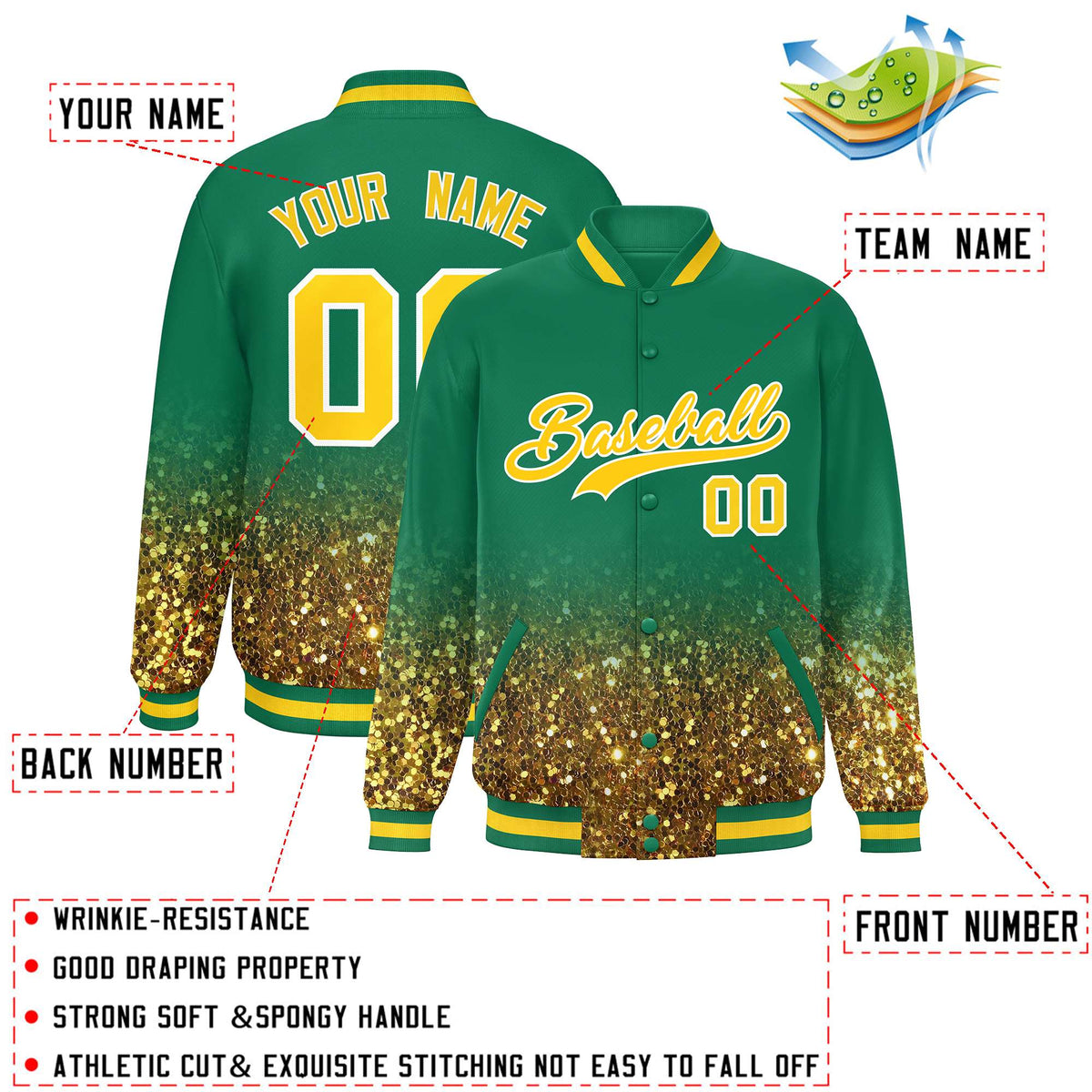 Custom Teal Varsity Full-Snap Sparkle-Effect Pattern Letterman Baseball Jacket