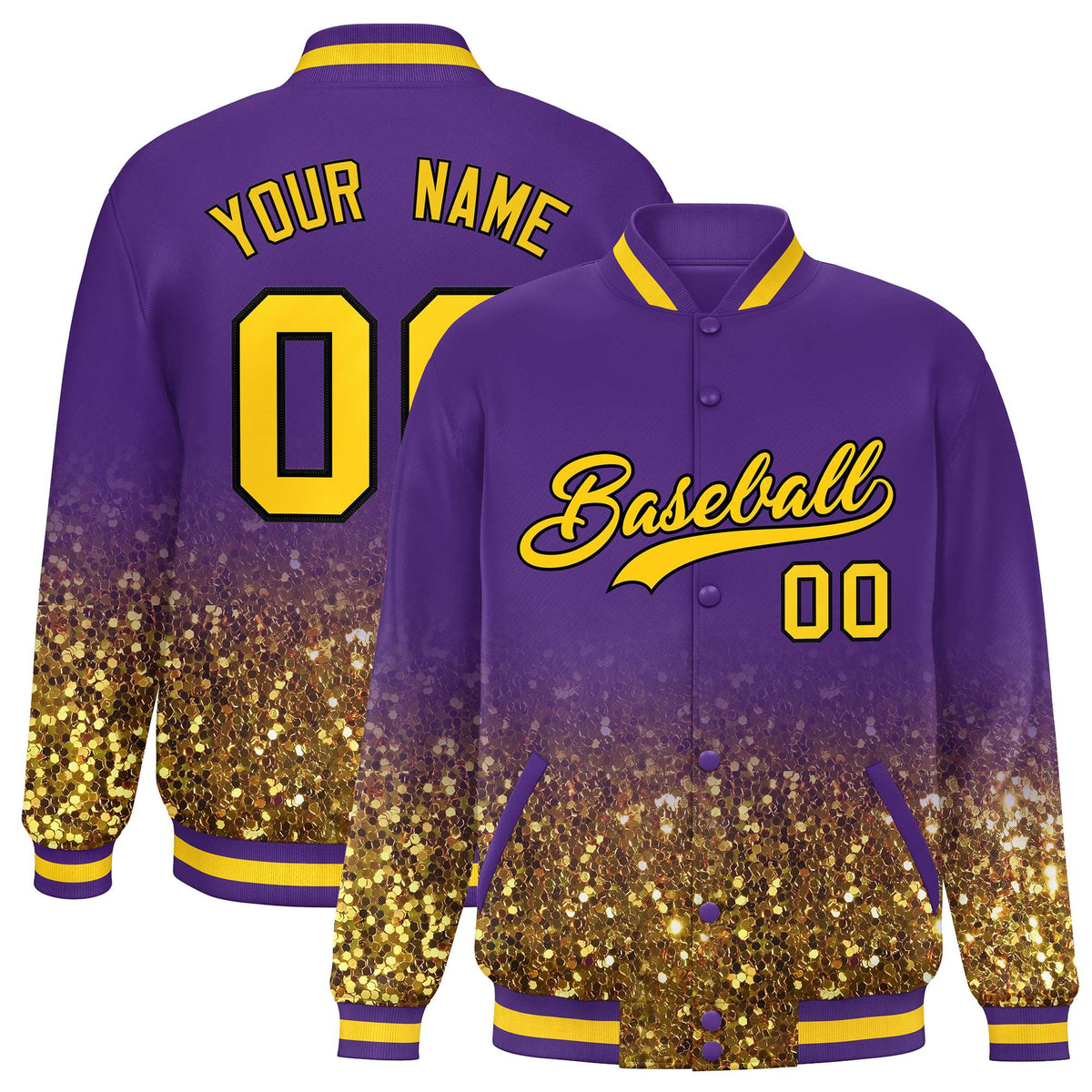 Custom Purple Varsity Full-Snap Sparkle-Effect Pattern Letterman Baseball Jacket