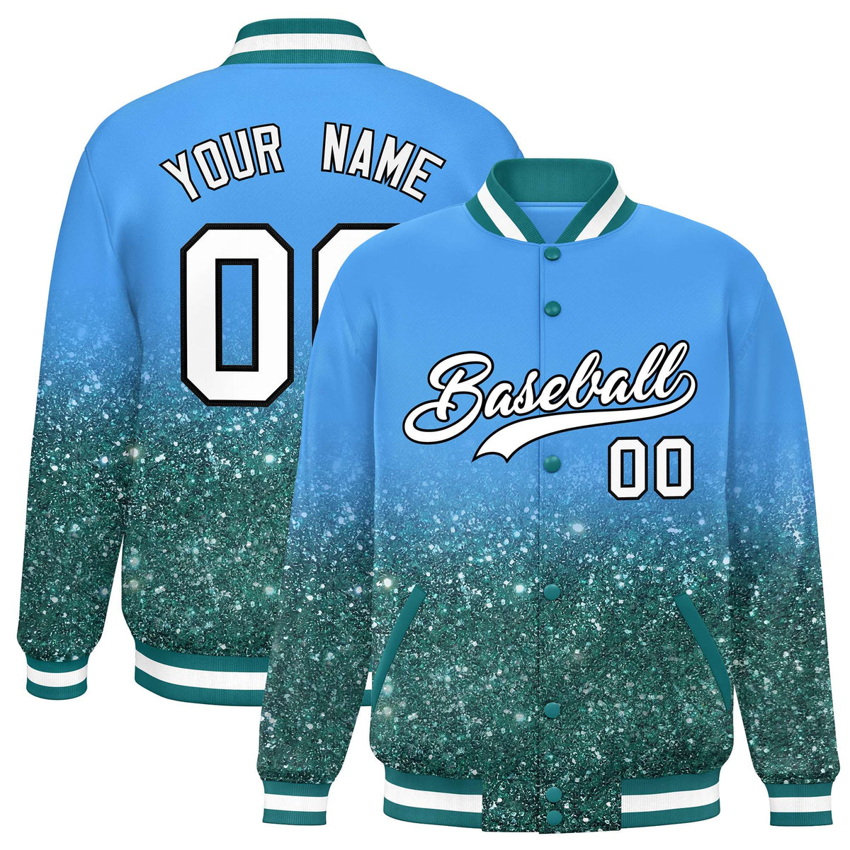 Custom Powder Blue Varsity Full-Snap Sparkle-Effect Pattern Letterman Baseball Jacket