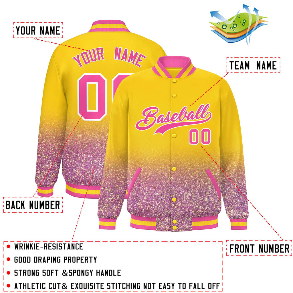 Custom Gold Varsity Full-Snap Sparkle-Effect Pattern Letterman Baseball Jacket