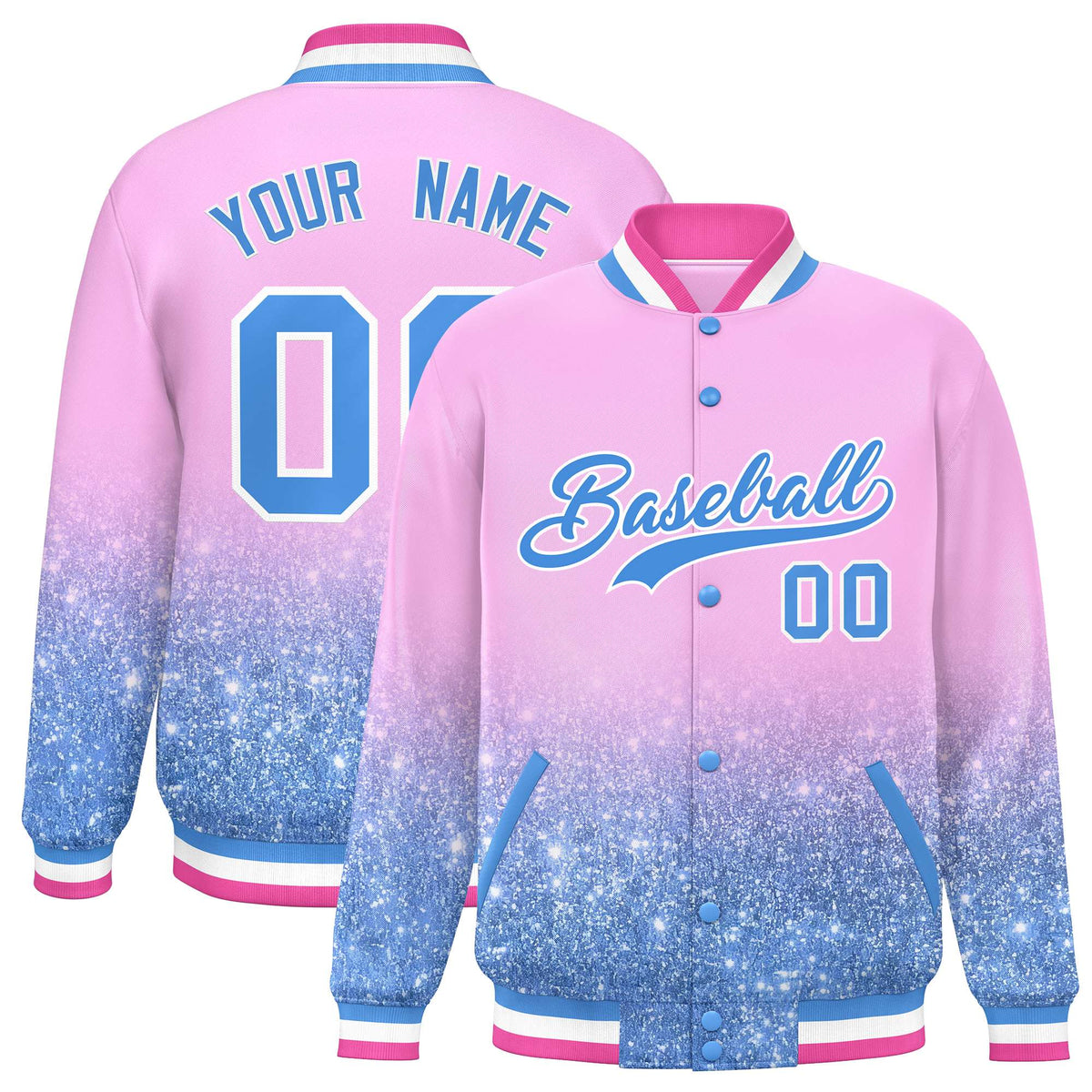 Custom Light Pink Varsity Full-Snap Sparkle-Effect Pattern Letterman Baseball Jacket