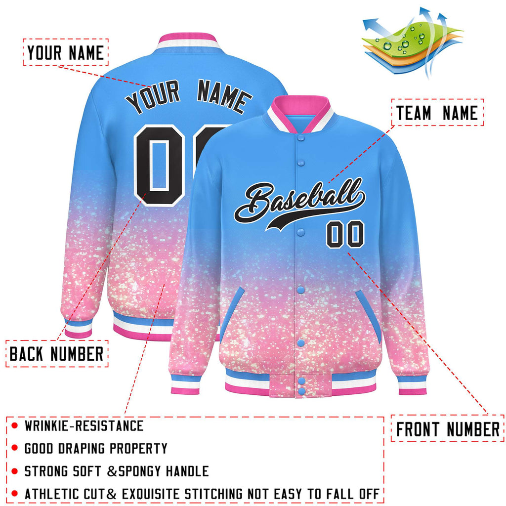 Custom Powder Blue Varsity Full-Snap Sparkle-Effect Pattern Letterman Baseball Jacket
