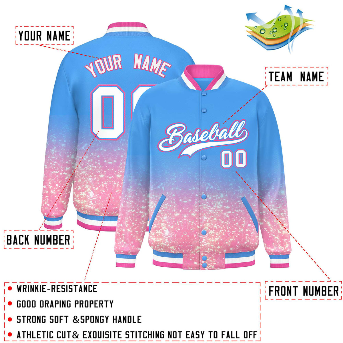 Custom Powder Blue Varsity Full-Snap Sparkle-Effect Pattern Letterman Baseball Jacket