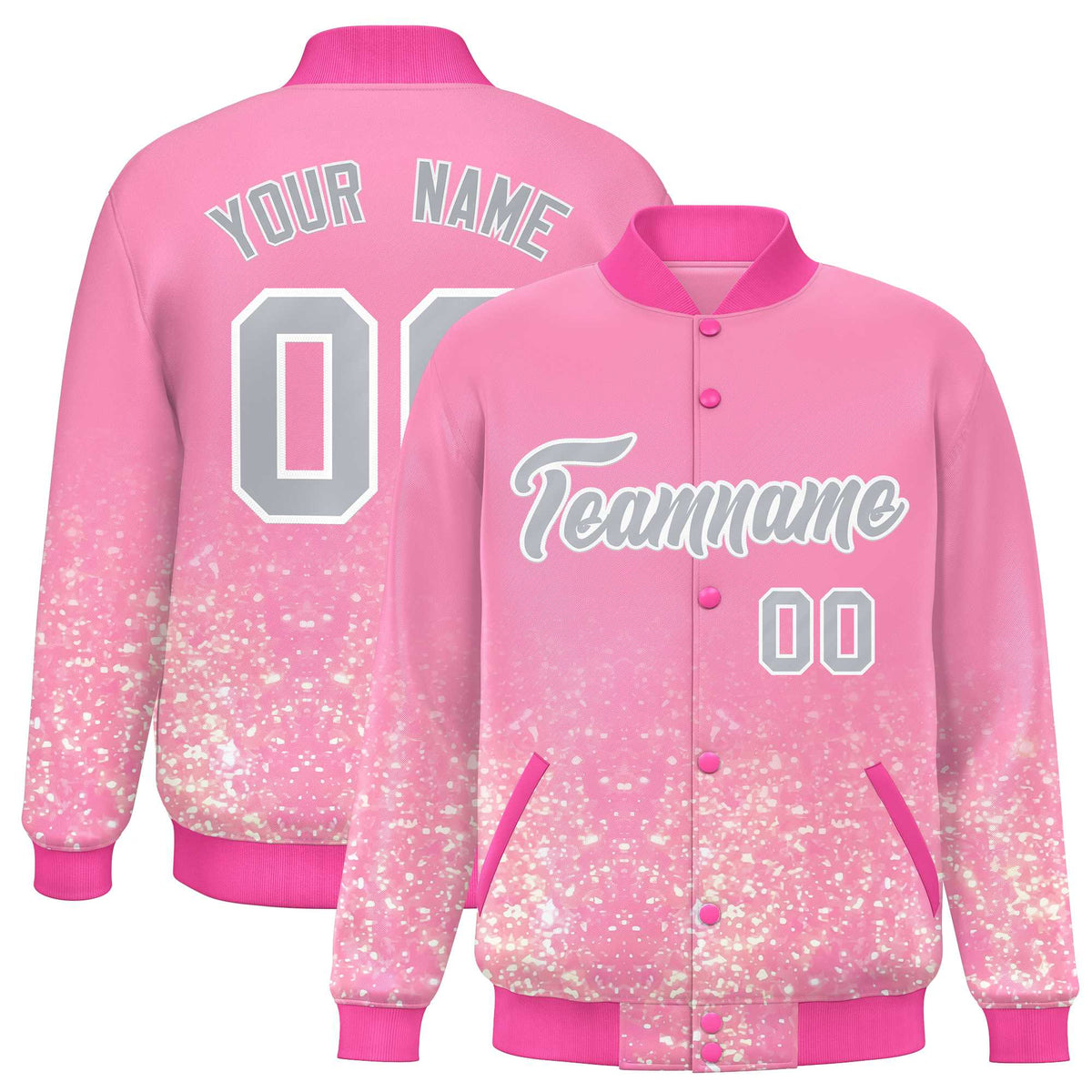 Custom Light Pink Varsity Full-Snap Sparkle-Effect Pattern Letterman Baseball Jacket