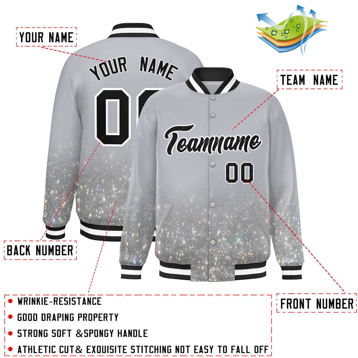 Custom Gray Varsity Full-Snap Sparkle-Effect Pattern Letterman Baseball Jacket