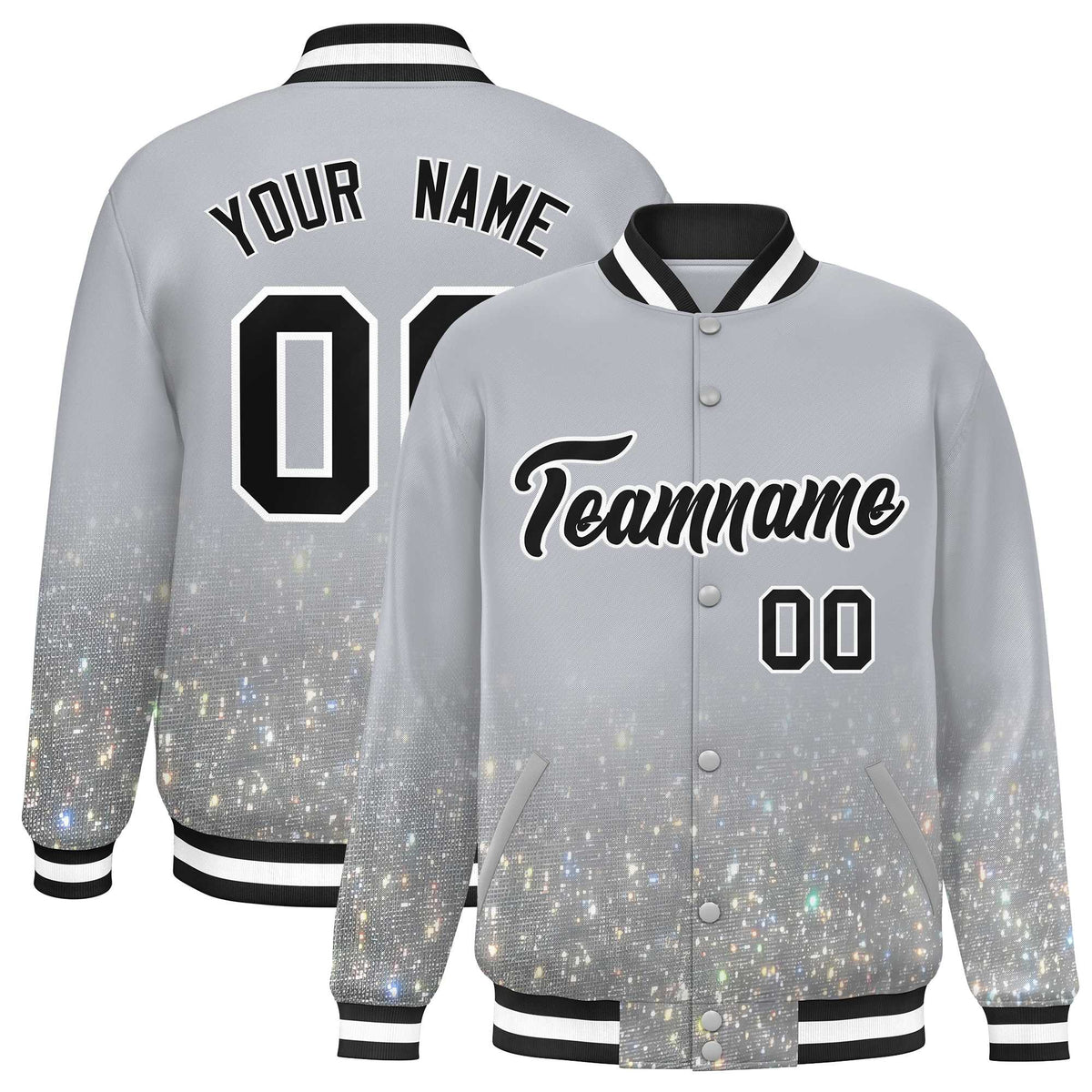 Custom Gray Varsity Full-Snap Sparkle-Effect Pattern Letterman Baseball Jacket