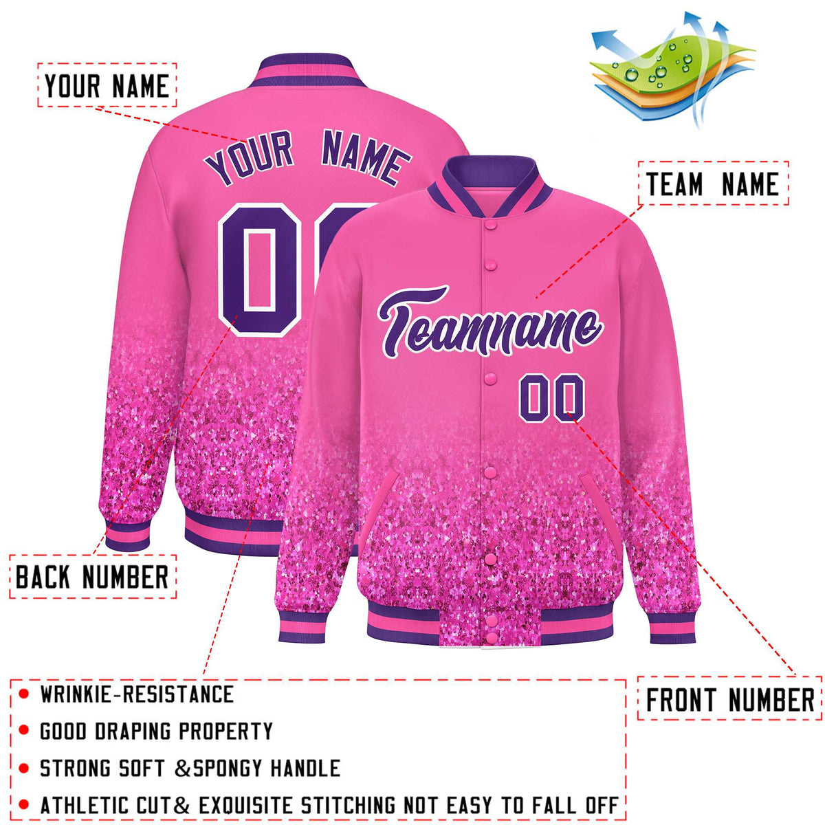 Custom Pink Varsity Full-Snap Sparkle-Effect Pattern Letterman Baseball Jacket