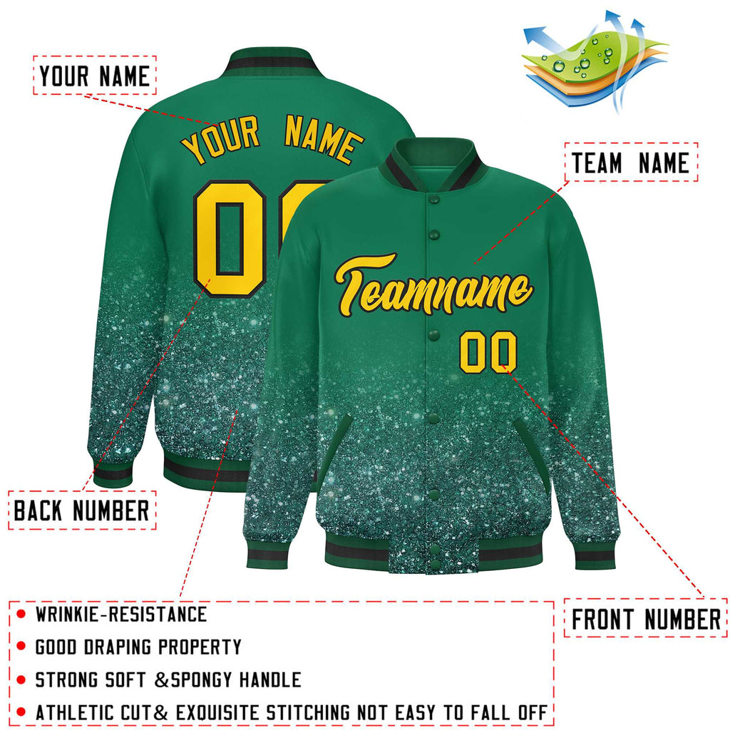Custom Kelly Green Varsity Full-Snap Sparkle-Effect Pattern Letterman Baseball Jacket