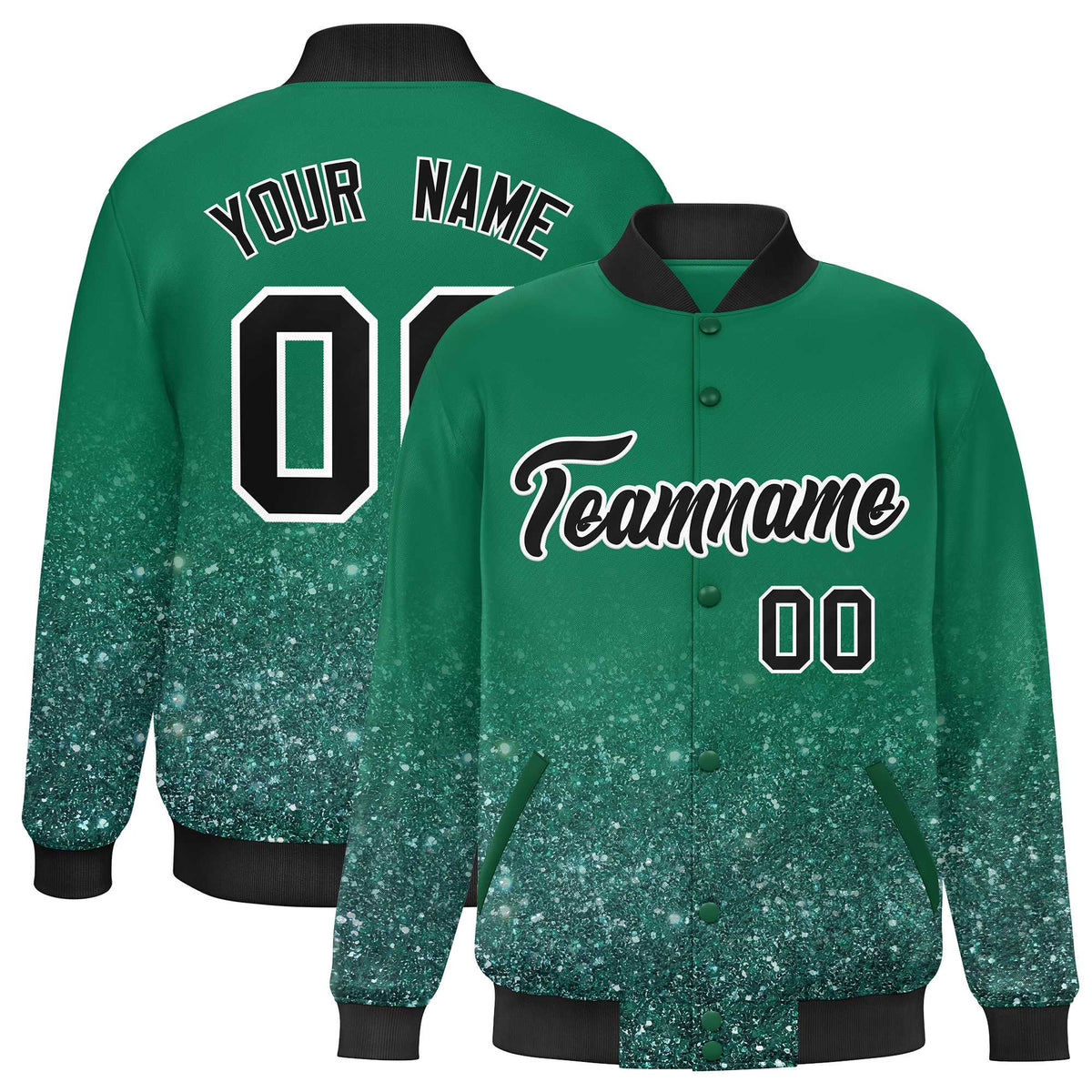 Custom Kelly Green Varsity Full-Snap Sparkle-Effect Pattern Letterman Baseball Jacket