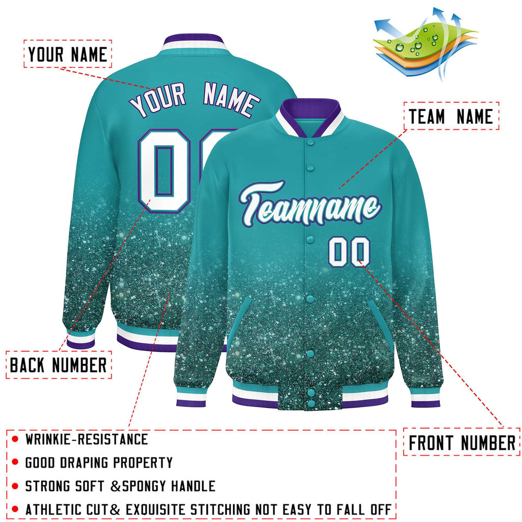 Custom Aqua Varsity Full-Snap Sparkle-Effect Pattern Letterman Baseball Jacket