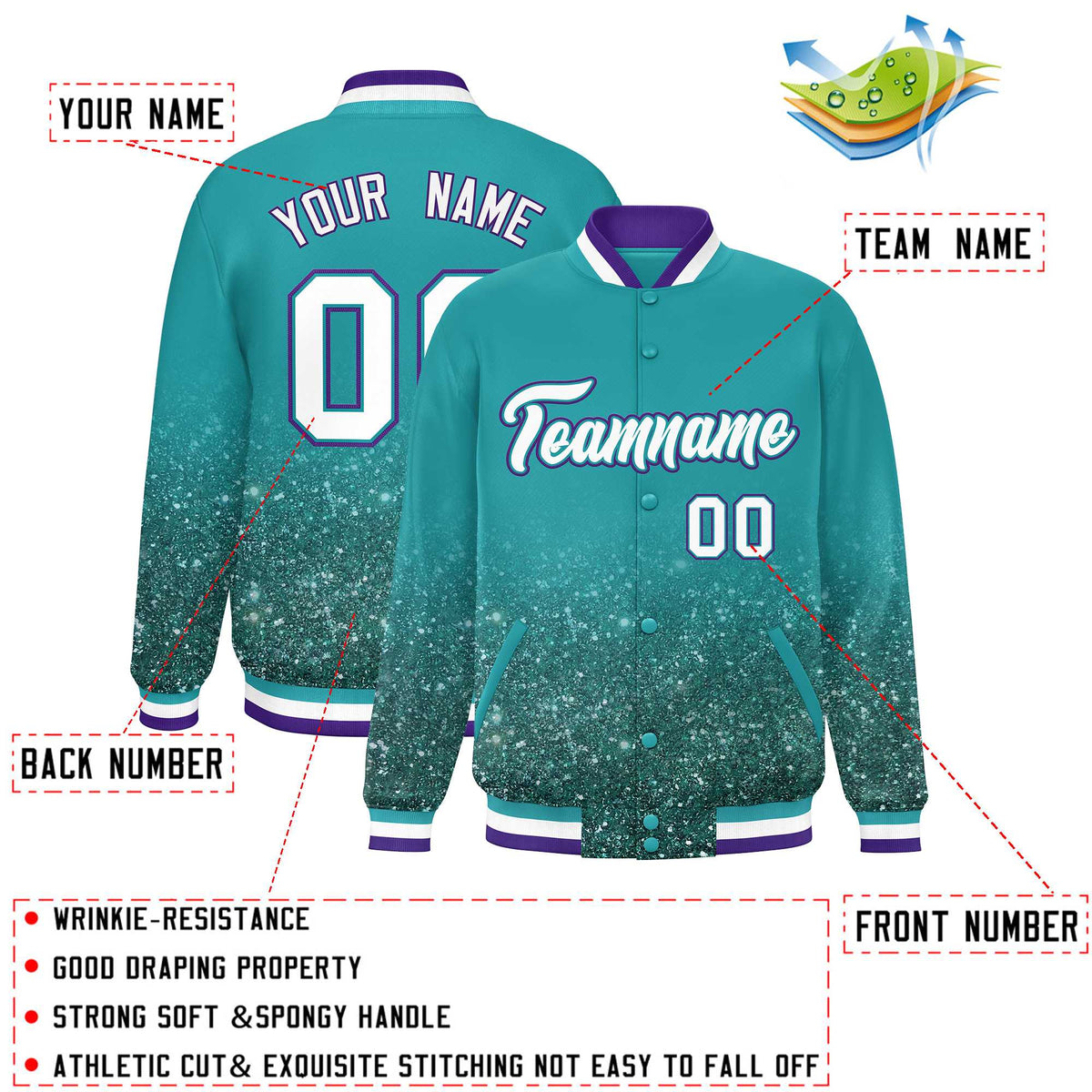 Custom Aqua Varsity Full-Snap Sparkle-Effect Pattern Letterman Baseball Jacket