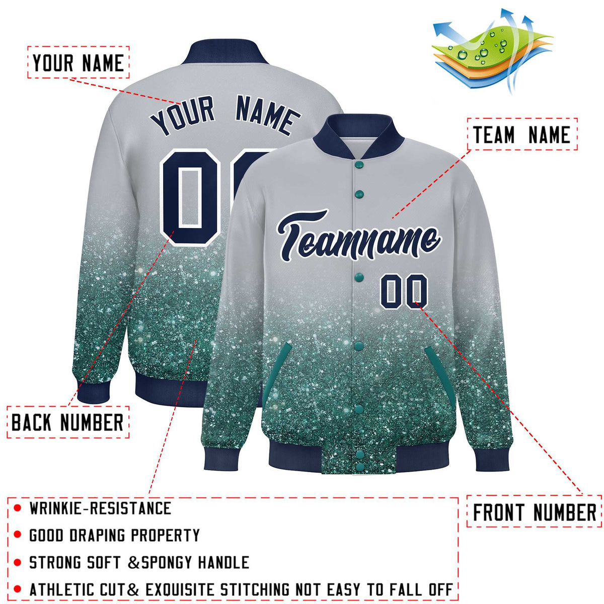 Custom Gray Varsity Full-Snap Sparkle-Effect Pattern Letterman Baseball Jacket