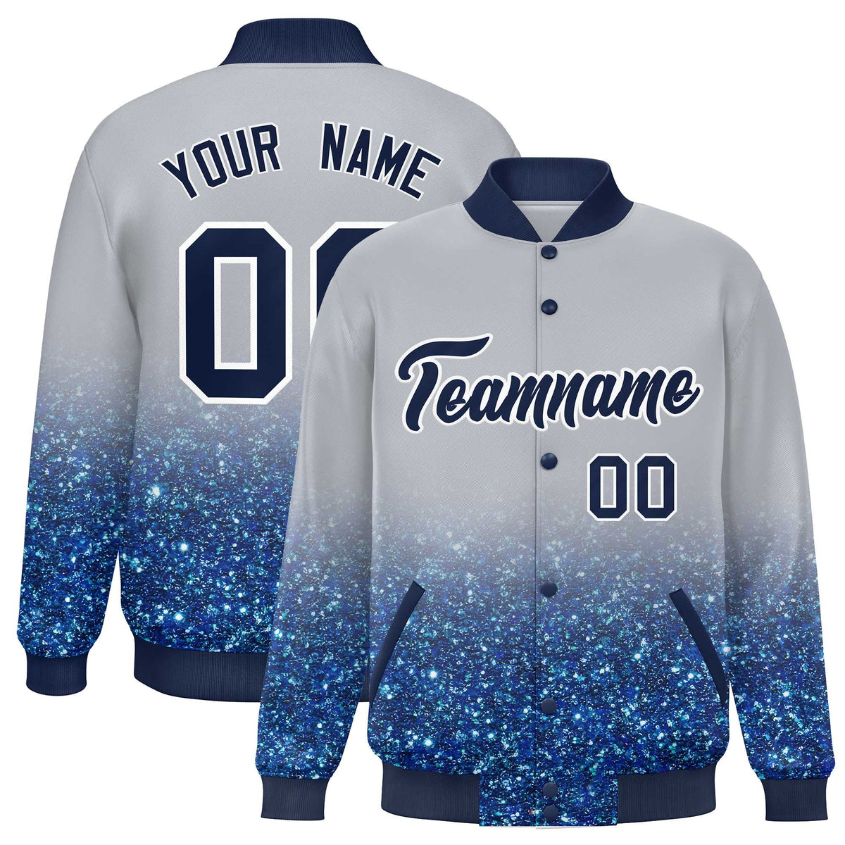 Custom Gray Varsity Full-Snap Sparkle-Effect Pattern Letterman Baseball Jacket