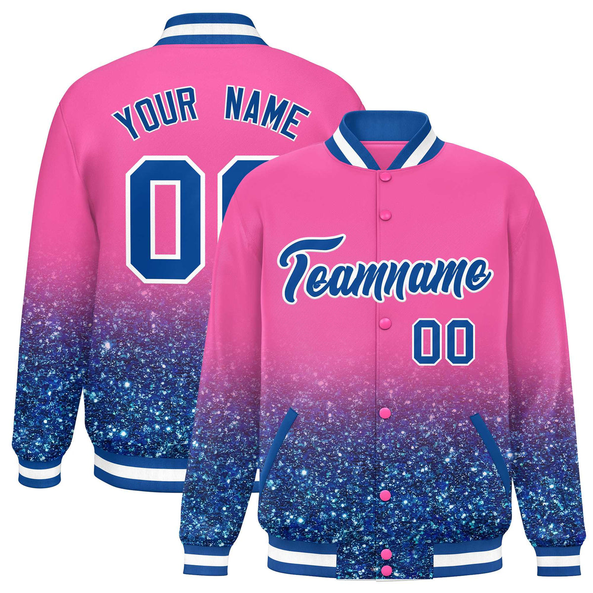 Custom Pink Varsity Full-Snap Sparkle-Effect Pattern Letterman Baseball Jacket