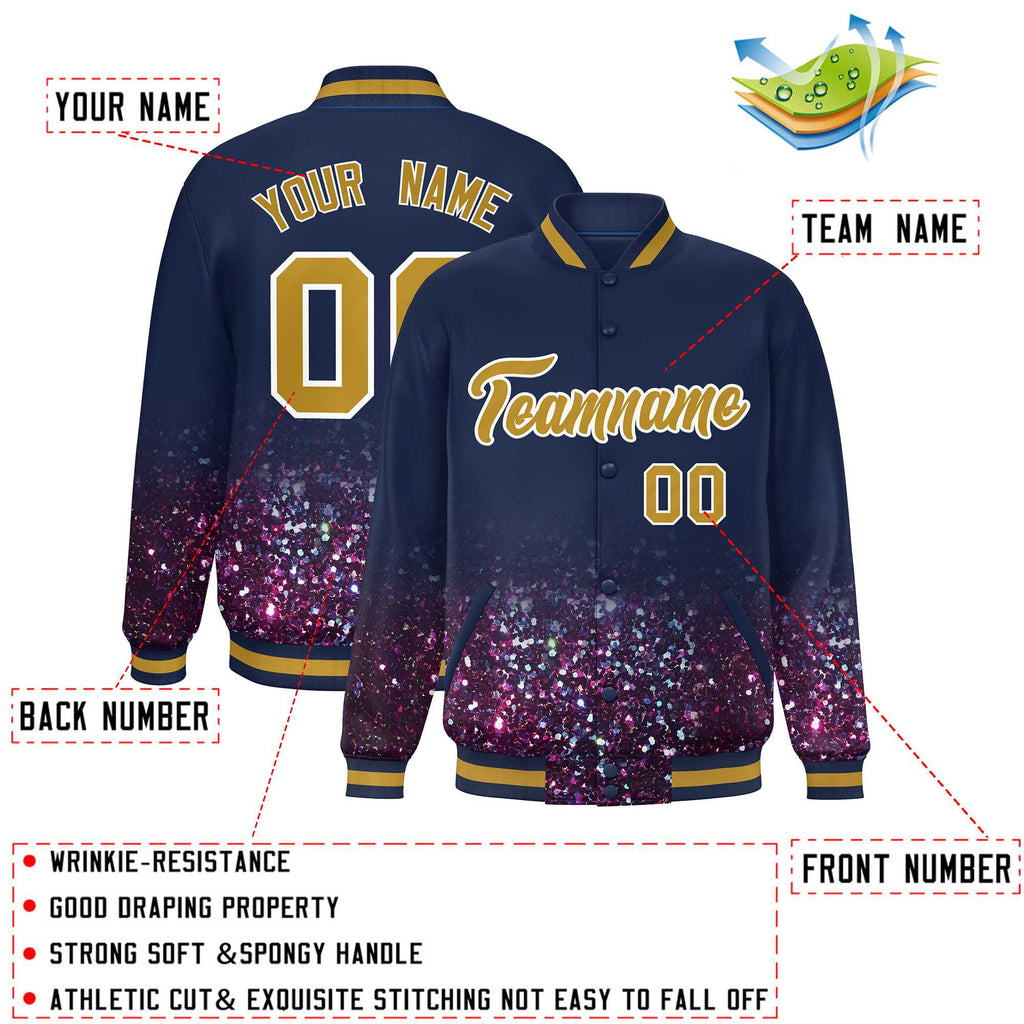 Custom Navy Varsity Full-Snap Sparkle-Effect Pattern Letterman Baseball Jacket
