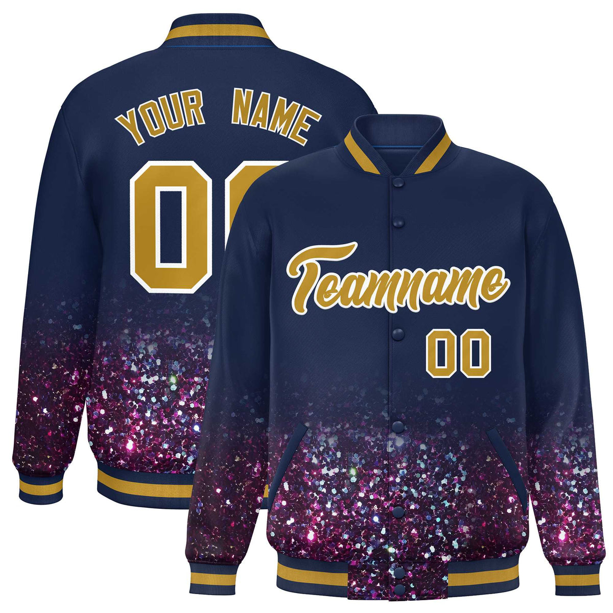Custom Navy Varsity Full-Snap Sparkle-Effect Pattern Letterman Baseball Jacket