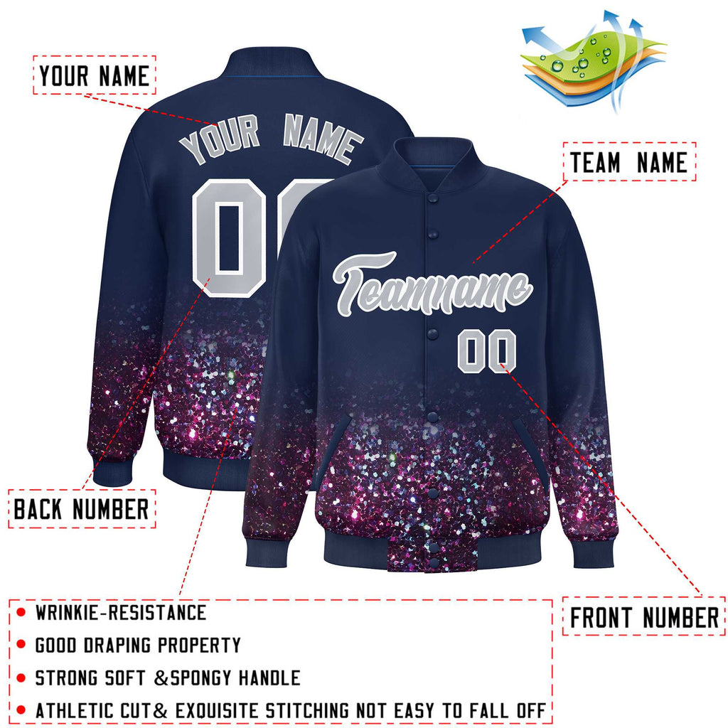 Custom Navy Varsity Full-Snap Sparkle-Effect Pattern Letterman Baseball Jacket