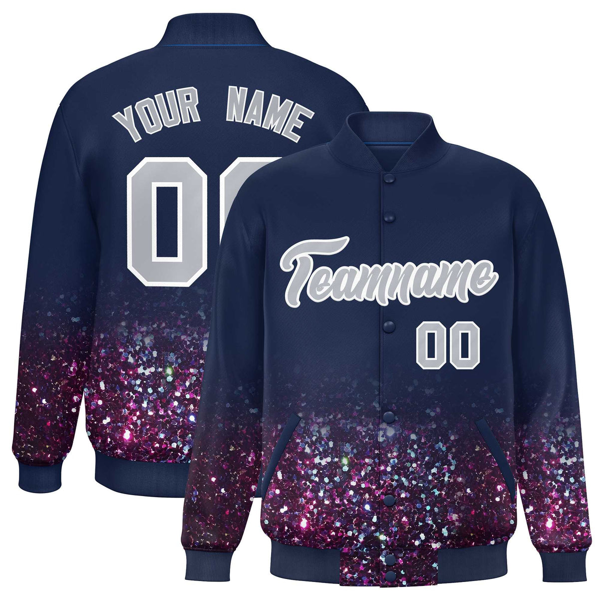 Custom Navy Varsity Full-Snap Sparkle-Effect Pattern Letterman Baseball Jacket