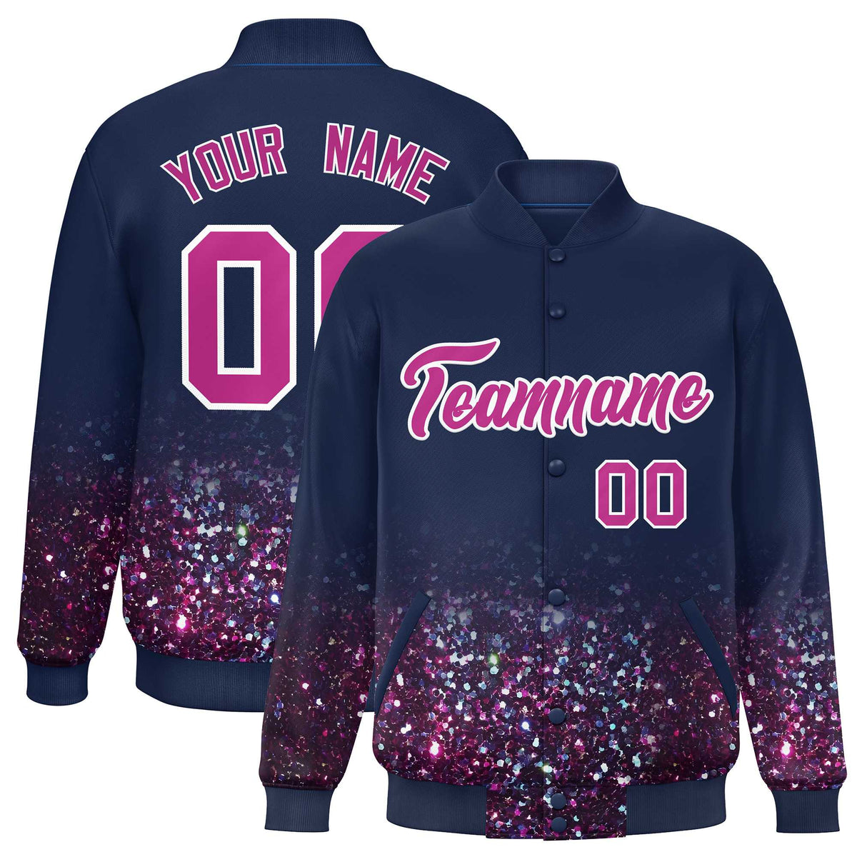 Custom Navy Varsity Full-Snap Sparkle-Effect Pattern Letterman Baseball Jacket