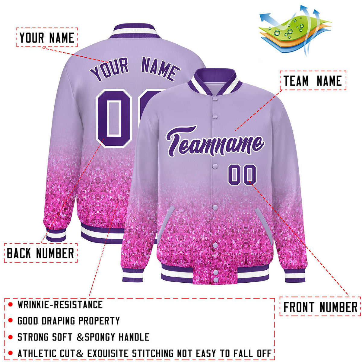 Custom Light Purple Varsity Full-Snap Sparkle-Effect Pattern Letterman Baseball Jacket