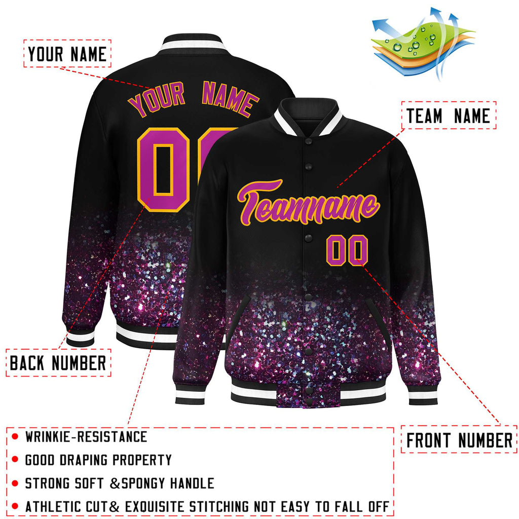 Custom Black Varsity Full-Snap Sparkle-Effect Pattern Letterman Baseball Jacket