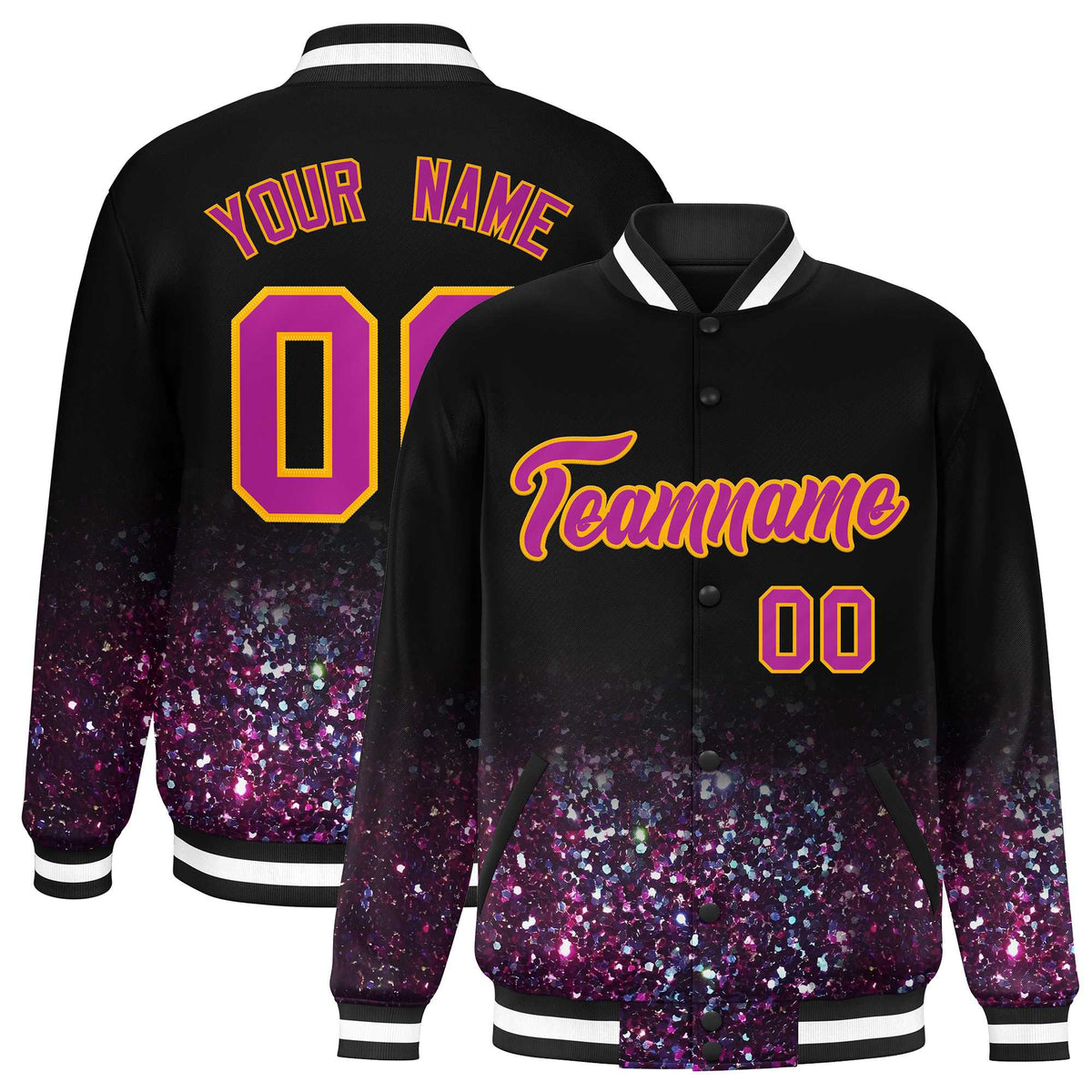 Custom Black Varsity Full-Snap Sparkle-Effect Pattern Letterman Baseball Jacket