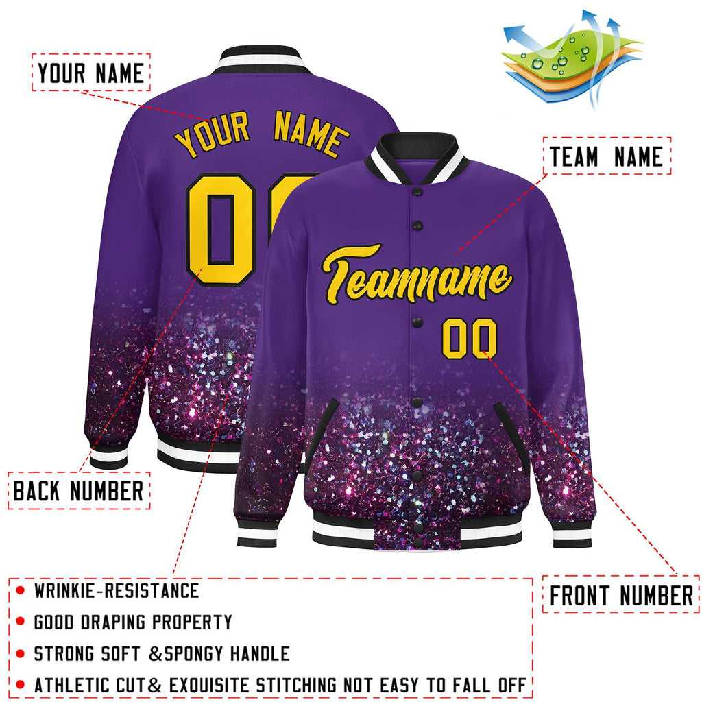 Custom Purple Varsity Full-Snap Sparkle-Effect Pattern Letterman Baseball Jacket