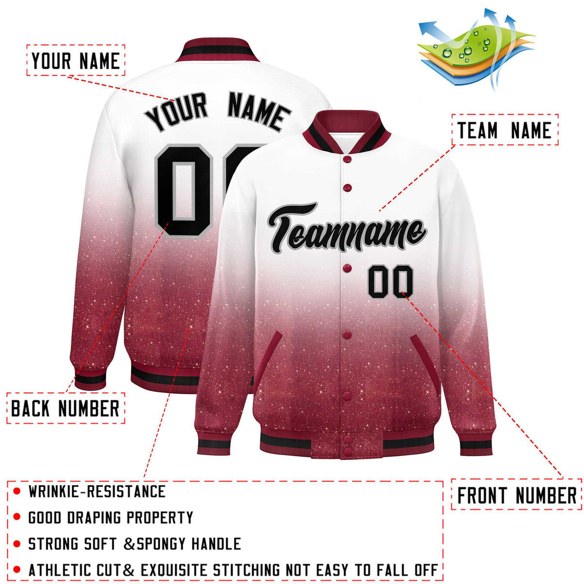 Custom White Varsity Full-Snap Sparkle-Effect Pattern Letterman Baseball Jacket