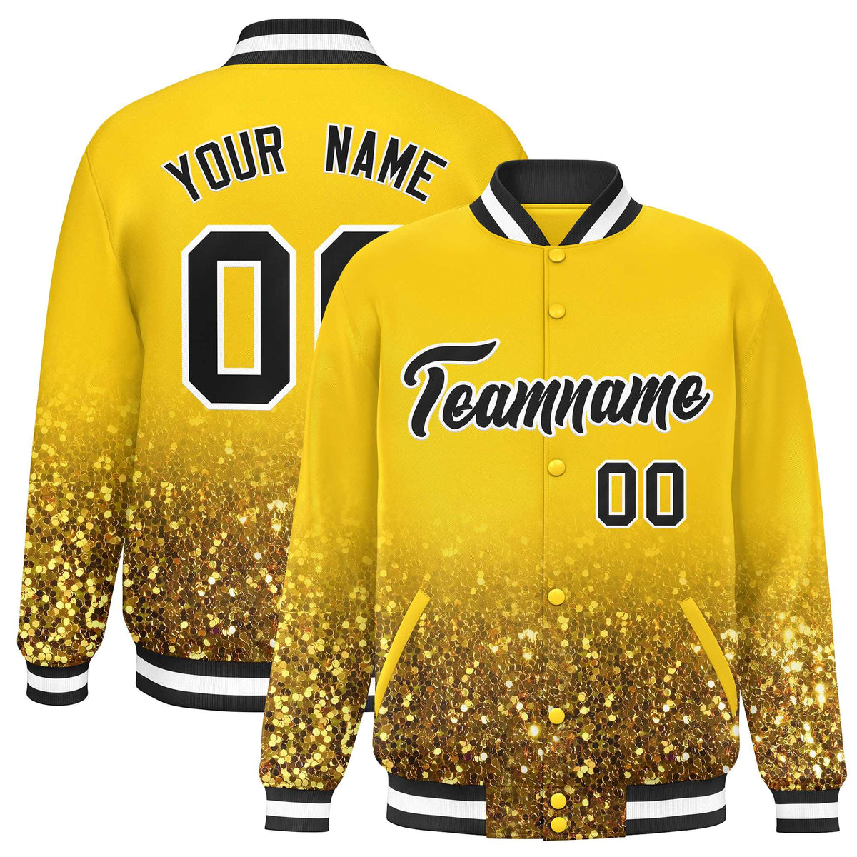 Custom Gold Varsity Full-Snap Sparkle-Effect Pattern Letterman Baseball Jacket