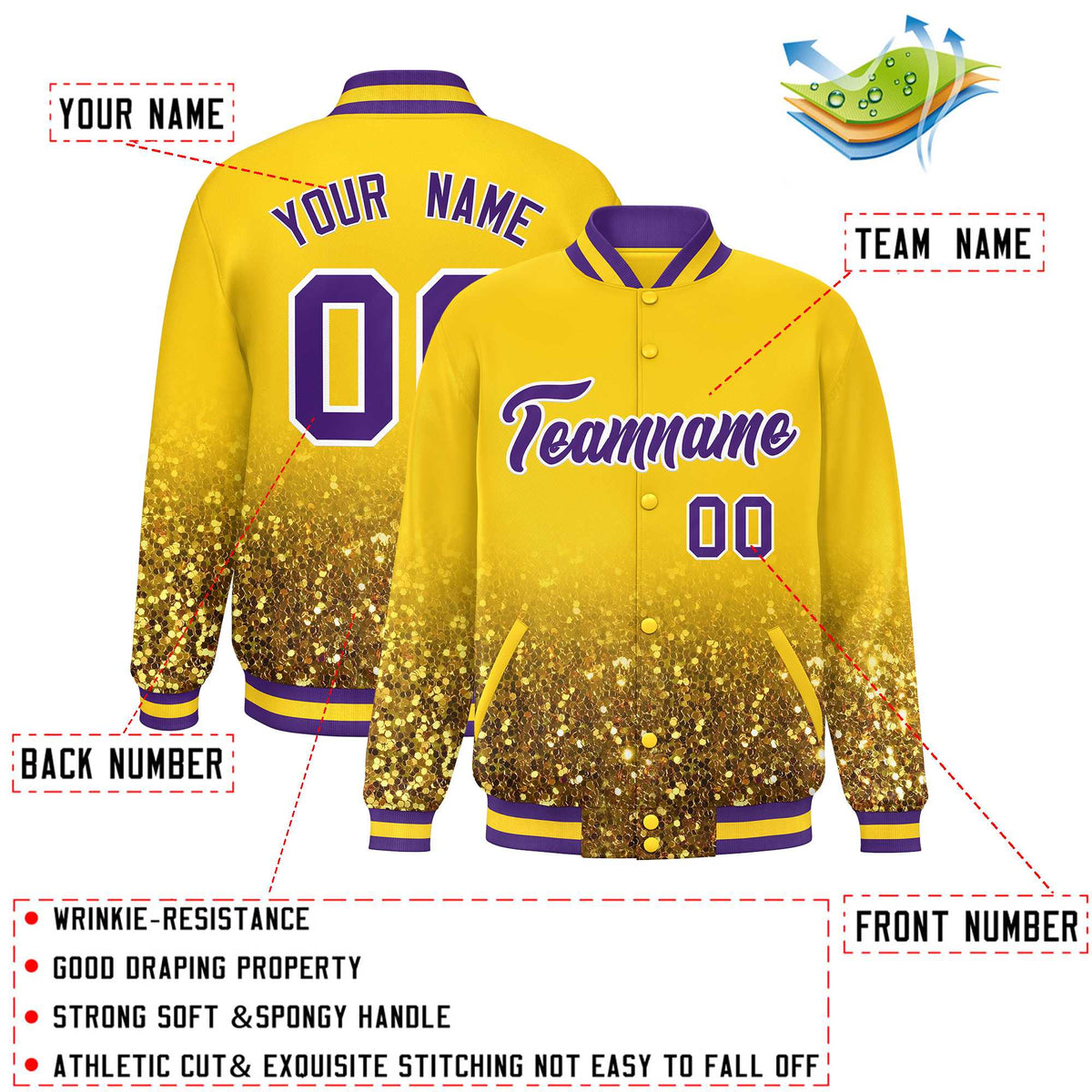 Custom Gold Varsity Full-Snap Sparkle-Effect Pattern Letterman Baseball Jacket