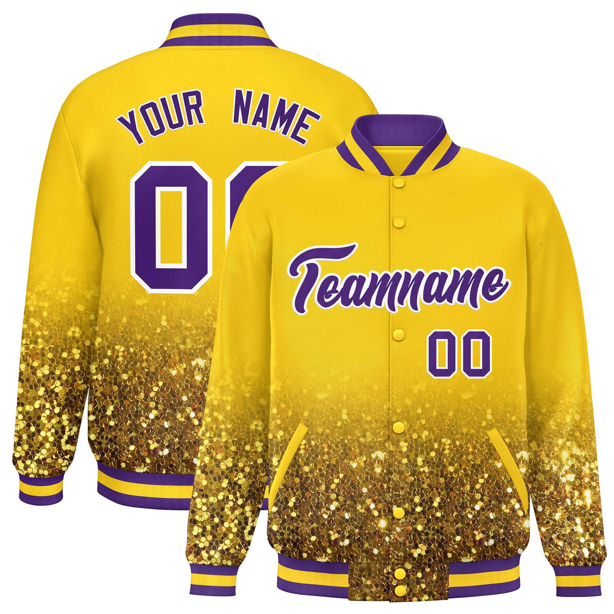 Custom Gold Varsity Full-Snap Sparkle-Effect Pattern Letterman Baseball Jacket