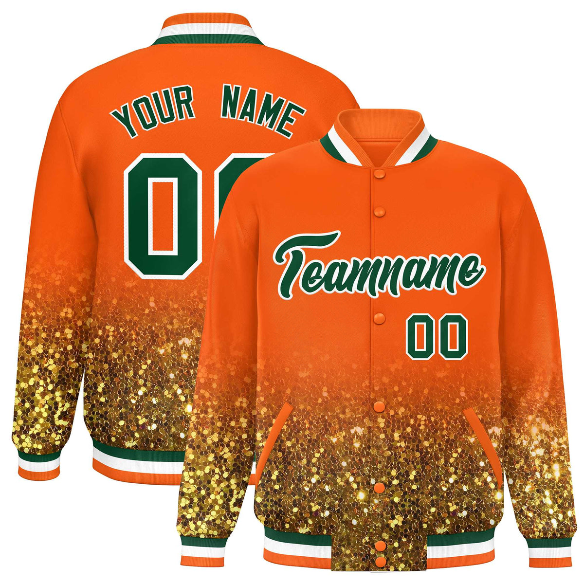 Custom Orange Varsity Full-Snap Sparkle-Effect Pattern Letterman Baseball Jacket
