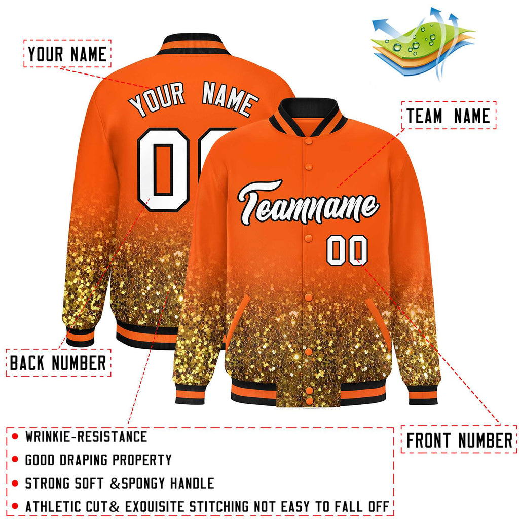 Custom Orange Varsity Full-Snap Sparkle-Effect Pattern Letterman Baseball Jacket