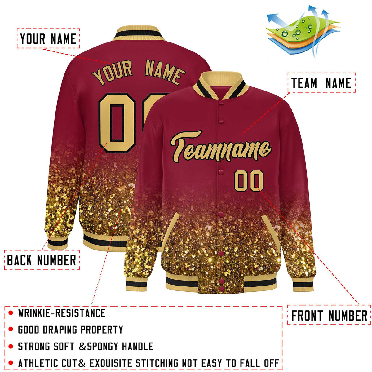 Custom Crimson Varsity Full-Snap Sparkle-Effect Pattern Letterman Baseball Jacket