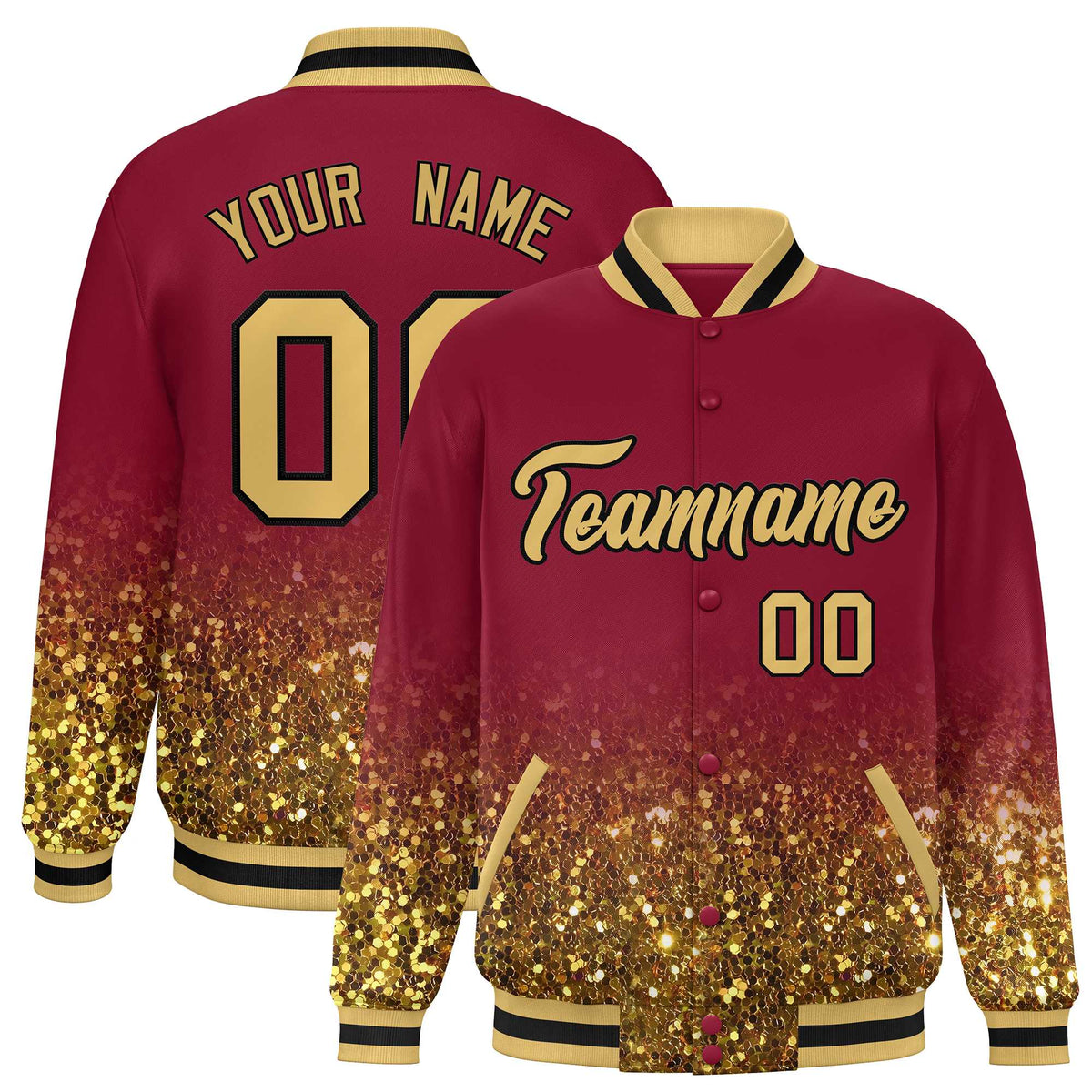 Custom Crimson Varsity Full-Snap Sparkle-Effect Pattern Letterman Baseball Jacket