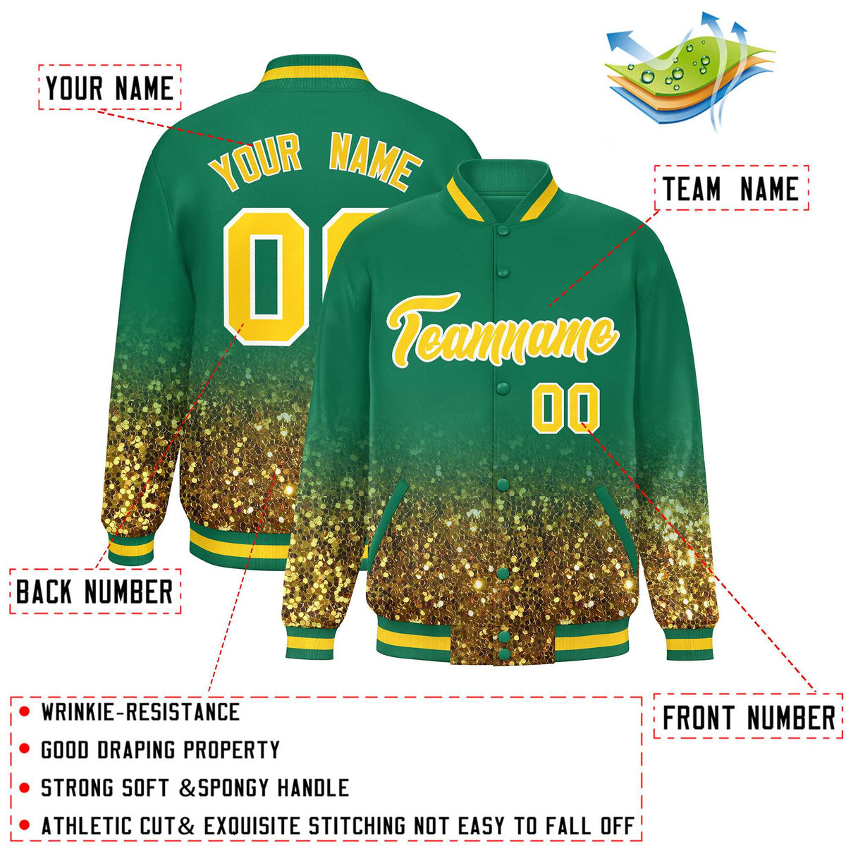 Custom Teal Varsity Full-Snap Sparkle-Effect Pattern Letterman Baseball Jacket