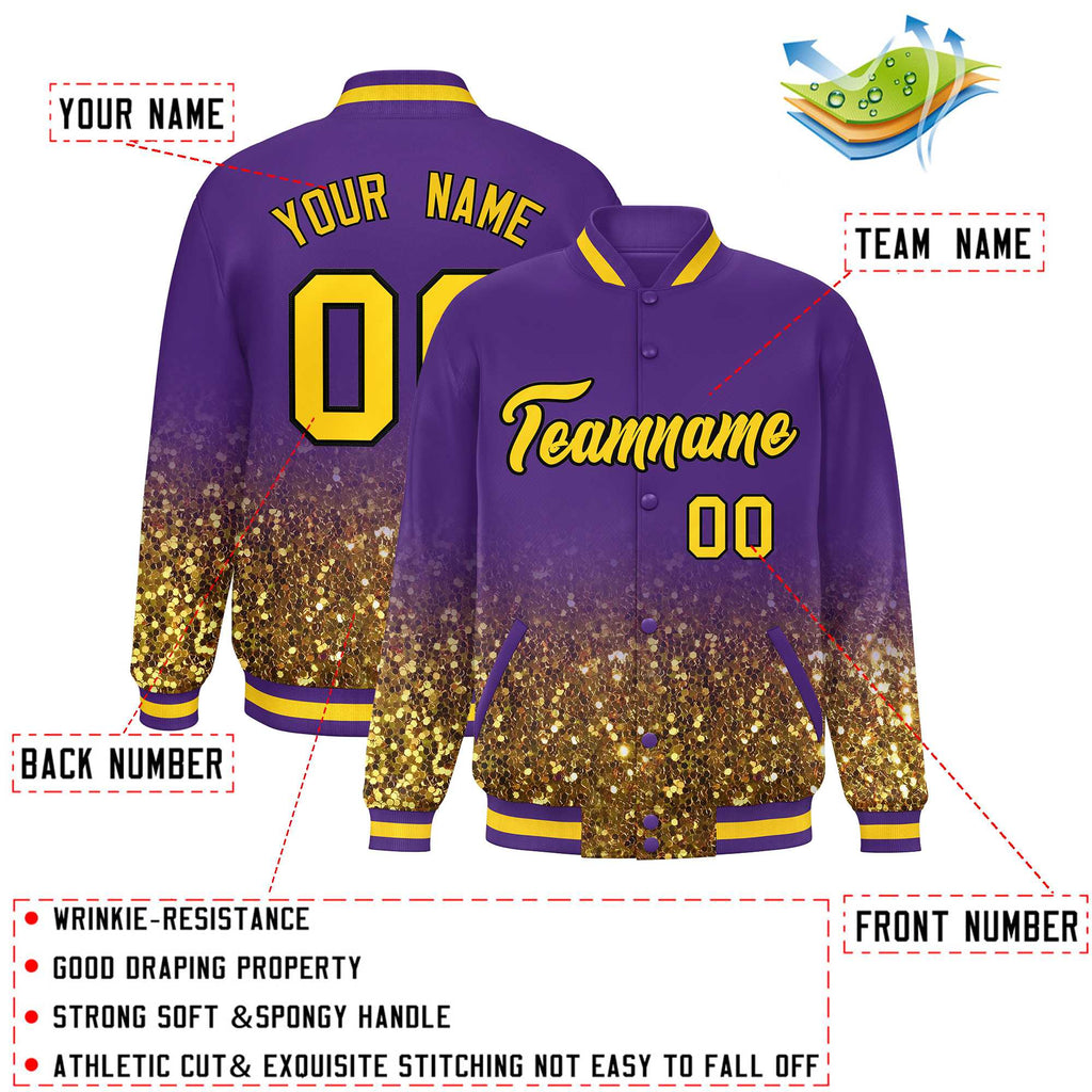 Custom Purple Varsity Full-Snap Sparkle-Effect Pattern Letterman Baseball Jacket