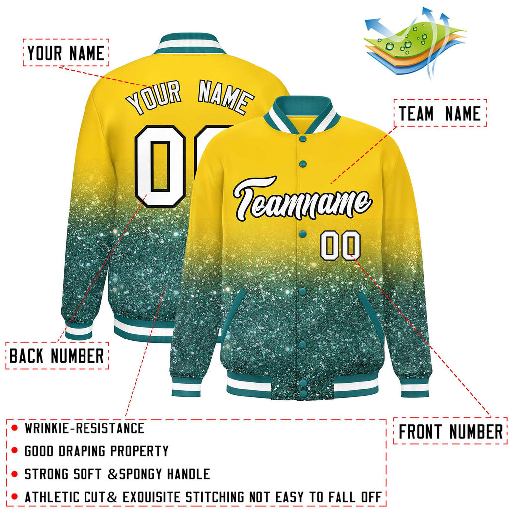 Custom Gold Varsity Full-Snap Sparkle-Effect Pattern Letterman Baseball Jacket