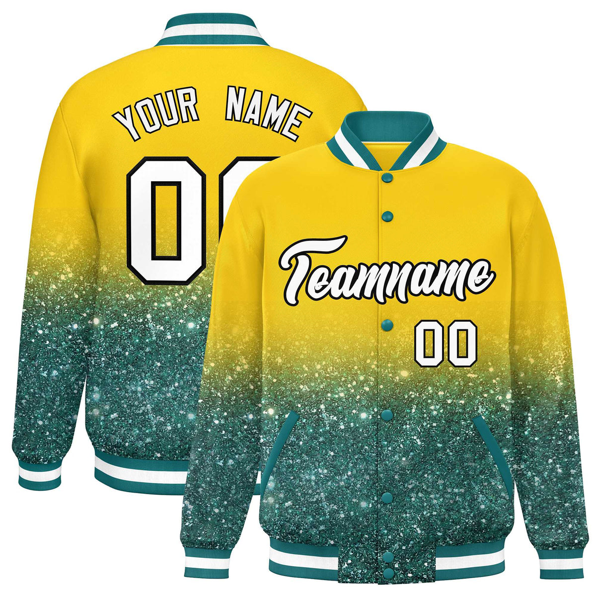 Custom Gold Varsity Full-Snap Sparkle-Effect Pattern Letterman Baseball Jacket