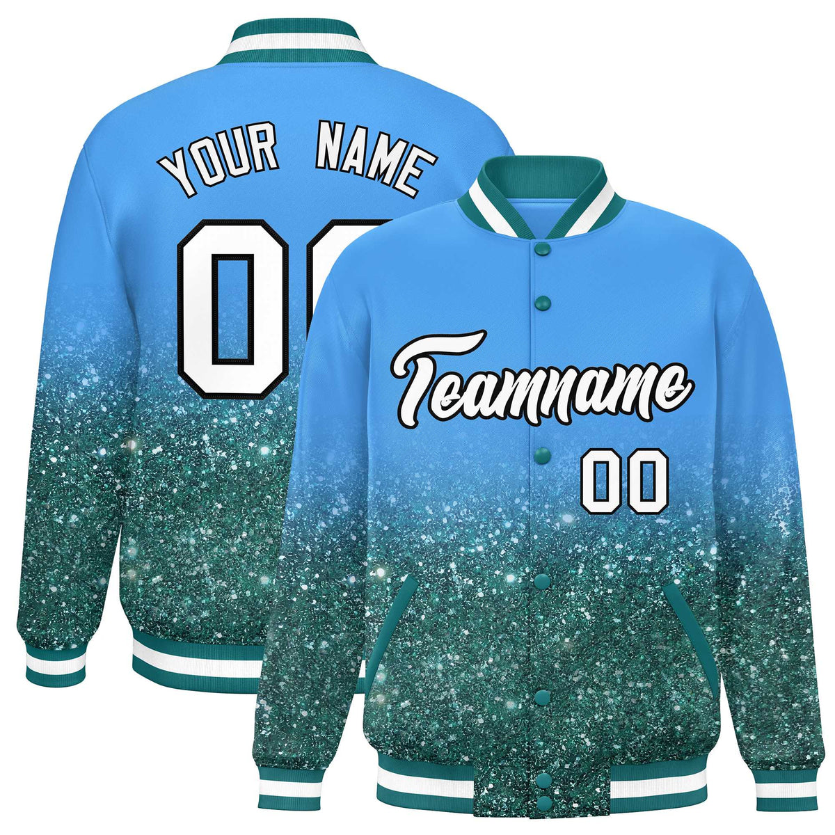 Custom Powder Blue Varsity Full-Snap Sparkle-Effect Pattern Letterman Baseball Jacket